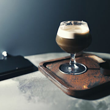 a coffee cocktail on a wood coaster on a table